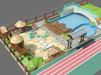 Outdoor Playground Equipment Featuring Pool Sandpit Track Slides and Thatched Huts 3d model