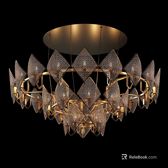 Modern Luxurious Ceiling Light With Golden Frame And Diamond Shaped Transparent Elements 3d model