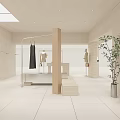 Minimalist Modern Clothing Store Interior With Light Beige Tones Racks Wooden Column And Display Platform