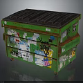 Green Trash Bin With Colorful Graffiti Stickers Rusted Surface And Black Lid