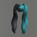 Long Straight Hair Pigtails With Black And Teal Two Tone Color Style