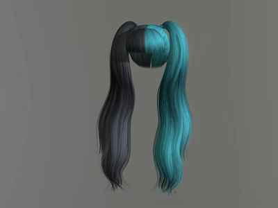Long Straight Hair Pigtails With Black And Teal Two Tone Color Style 3d model