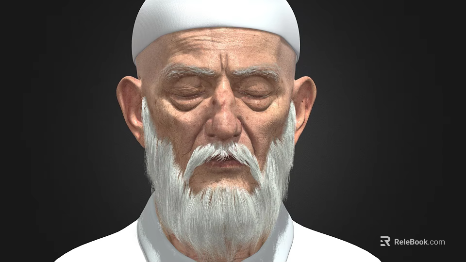 Elderly Man With White Cap Long White Beard And White Clothing Against Black Background 3d model 