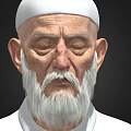 Elderly Man With White Cap Long White Beard And White Clothing Against Black Background