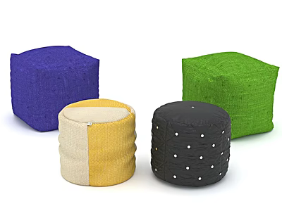 Colorful Square And Round Pouf Ottomans With Woven Texture And Polka Dots 3d model