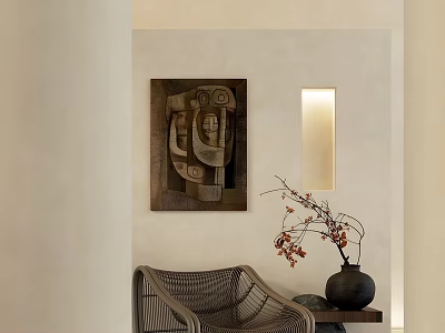 Rattan Leisure Chair in Cozy Interior with Beige Wall Abstract Painting and Black Vase 3d model