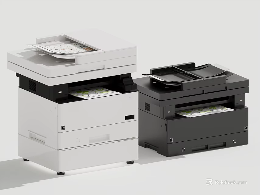 White and Black Multifunctional Office Printers With Paper Trays And Documents Loaded 3d model 