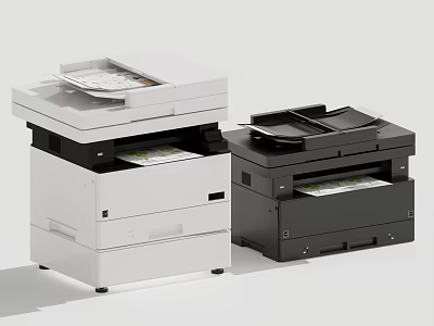 White and Black Multifunctional Office Printers With Paper Trays And Documents Loaded 3d model