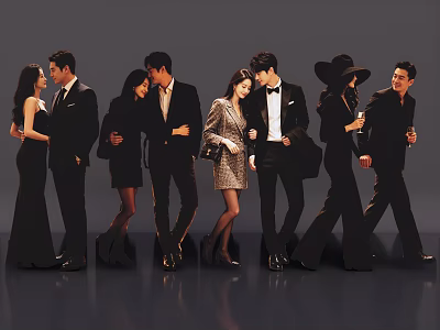 Stylish Group of People in Formal Attire Walking Elegantly Together 3d model