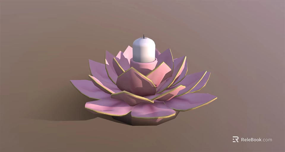 Lotus Shaped Candle Lamp with Pink Petals Gold Edges and White Candle Centerpiece 3d model 