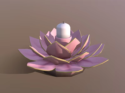 Lotus Shaped Candle Lamp with Pink Petals Gold Edges and White Candle Centerpiece 3d model
