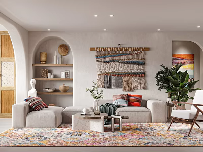 Bohemian Living Room with Arched Doorways Macramé Wall Hanging Beige Sofa Colorful Rug Green Plant and Art Painting 3d model