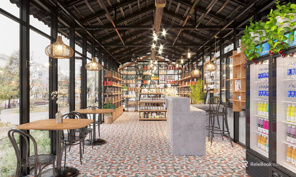 Grocery Store Interior With Wooden Shelves Displayed Goods Tables Chairs Hanging Lamps And Green Plants 3d model 