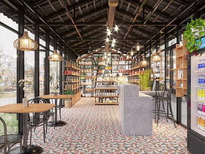 Grocery Store Interior With Wooden Shelves Displayed Goods Tables Chairs Hanging Lamps And Green Plants 3d model