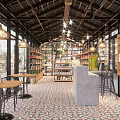 Grocery Store Interior With Wooden Shelves Displayed Goods Tables Chairs Hanging Lamps And Green Plants