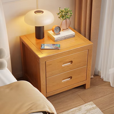 Wooden Bedside Table With Drawers Table Lamp Clock Books And Mobile Phone In Bedroom 3d model