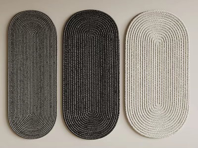 Stylish Oval Shaped Rugs in Gray Black White with Woven Texture Displayed in Row 3d model