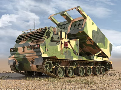 Military Camouflage Tank With Tracked Wheels And Rocket Launcher System In Desert Terrain 3d model