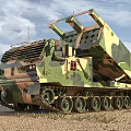 Military Camouflage Tank With Tracked Wheels And Rocket Launcher System In Desert Terrain
