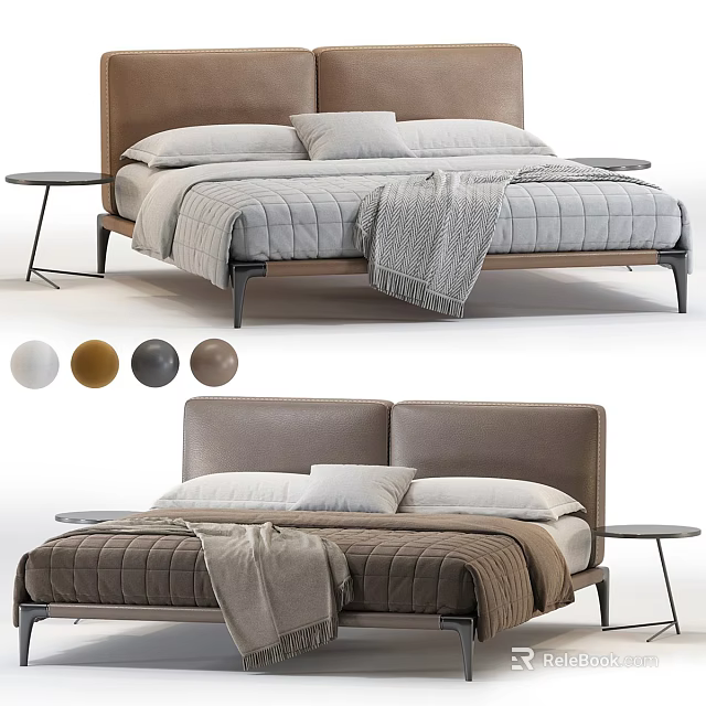 Modern Double Bed With Mattress Pillows Blanket Nightstand And Color Options 3d model 
