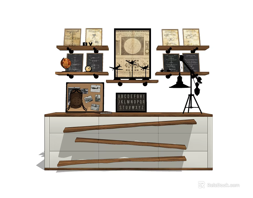 Vintage TV Stand with Decorative Paintings Chalkboards Globe and Table Lamp on Shelves 3d model 