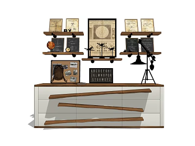 Vintage TV Stand with Decorative Paintings Chalkboards Globe and Table Lamp on Shelves 3d model