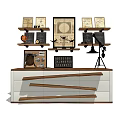 Vintage TV Stand with Decorative Paintings Chalkboards Globe and Table Lamp on Shelves
