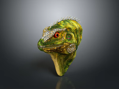 Artistic Green Yellow Lizard Head with Red Eyes Spiky Details and White Spots 3d model