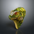 Artistic Green Yellow Lizard Head with Red Eyes Spiky Details and White Spots