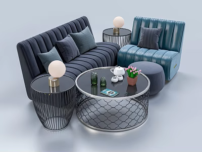 Modern Upholstered Sofa and Coffee Table Set With Cushions Side Tables and Decorative Items 3d model