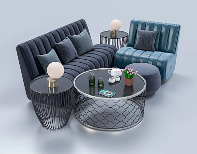 Modern Upholstered Sofa and Coffee Table Set With Cushions Side Tables and Decorative Items 3d model