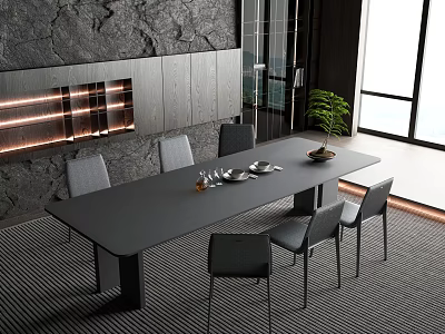 Gray Dining Table Set With Chairs Stone Wall Wooden Cabinets And Green Plant 3d model