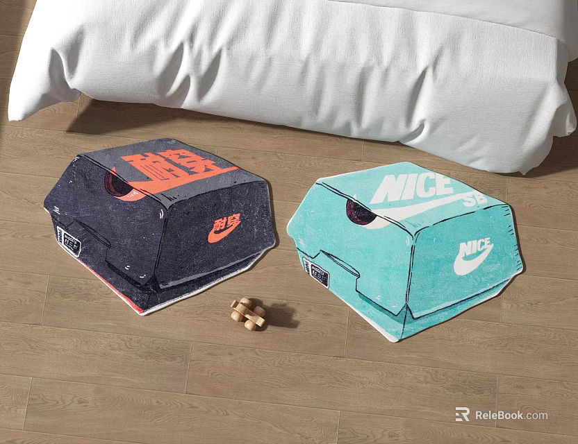 Stylish Shaped Carpets with Nike Logo in Blue Orange and White on Bedroom Wooden Floor 3d model 