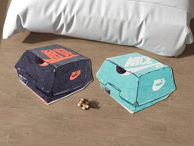 Stylish Shaped Carpets with Nike Logo in Blue Orange and White on Bedroom Wooden Floor 3d model
