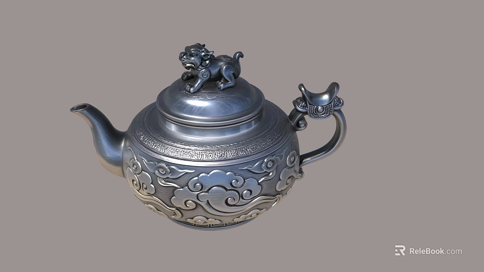 Exquisite Silver Teapot With Lion Ornament On Lid And Intricate Carvings 3d model 