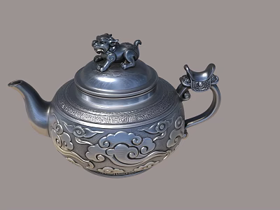 Exquisite Silver Teapot With Lion Ornament On Lid And Intricate Carvings 3d model
