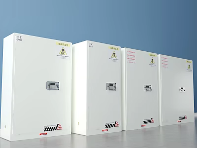 White Electrical Control Cabinets With CC Logo And Front Panel Design 3d model