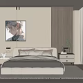 Modern Bedroom Interior With Portrait Painting Wooden Wall Panel Nightstand And Green Plant