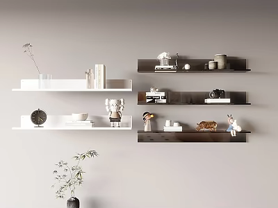 Stylish Wall Mounted Shelves With White And Black Color Decorative Items Books And Small Ornaments 3d model