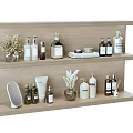 Laundry Daily Use Products on Wooden Storage Shelf with Bottles Containers and Plants