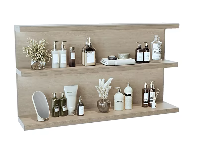 Laundry Daily Use Products on Wooden Storage Shelf with Bottles Containers and Plants 3d model
