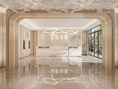 Elegant Reception Desk Interior Design With Marble Surface Branded Logo And Archway Lighting 3d model