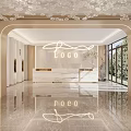 Elegant Reception Desk Interior Design With Marble Surface Branded Logo And Archway Lighting 3d model