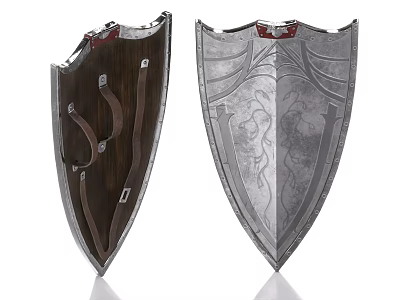 Two Medieval Weapon Shields With Wooden Leather And Metallic Lion Crest Designs 3d model