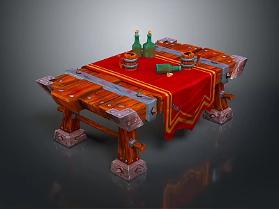 Rustic Wooden Table With Red Tablecloth Green Bottles Metal Accents And Carved Legs 3d model