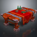 Rustic Wooden Table With Red Tablecloth Green Bottles Metal Accents And Carved Legs