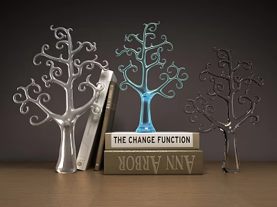 Tree Shaped Decorative Ornament Set with Silver Blue Dark and Stacked Books on Wooden Table 3d model