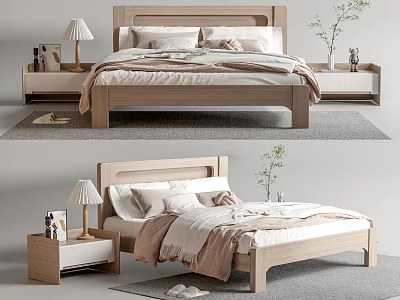 Modern Minimalist Wooden Double Bed With Nightstands Lamp Pillows Blanket And Plants 3d model