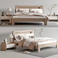 Modern Minimalist Wooden Double Bed With Nightstands Lamp Pillows Blanket And Plants