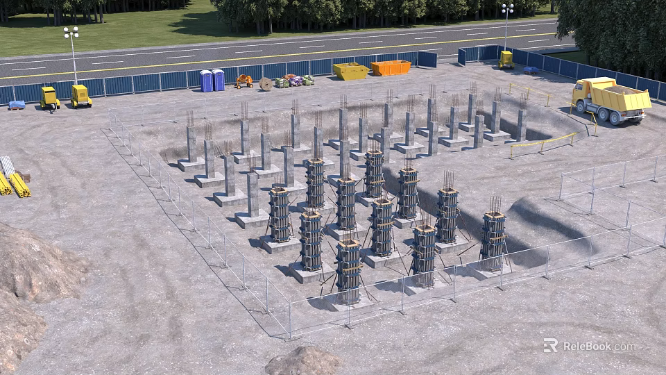 Reinforced Concrete Building Column Components With Installation Of Formwork On Prepared Foundation Of Construction Site 3d model 